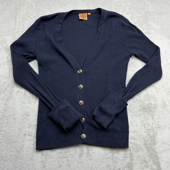 Tory Burch Sweaters - Tory Burch Cardigan Women's M Navy Ribbed Knit Gold Logo Button V-Neck Old Money